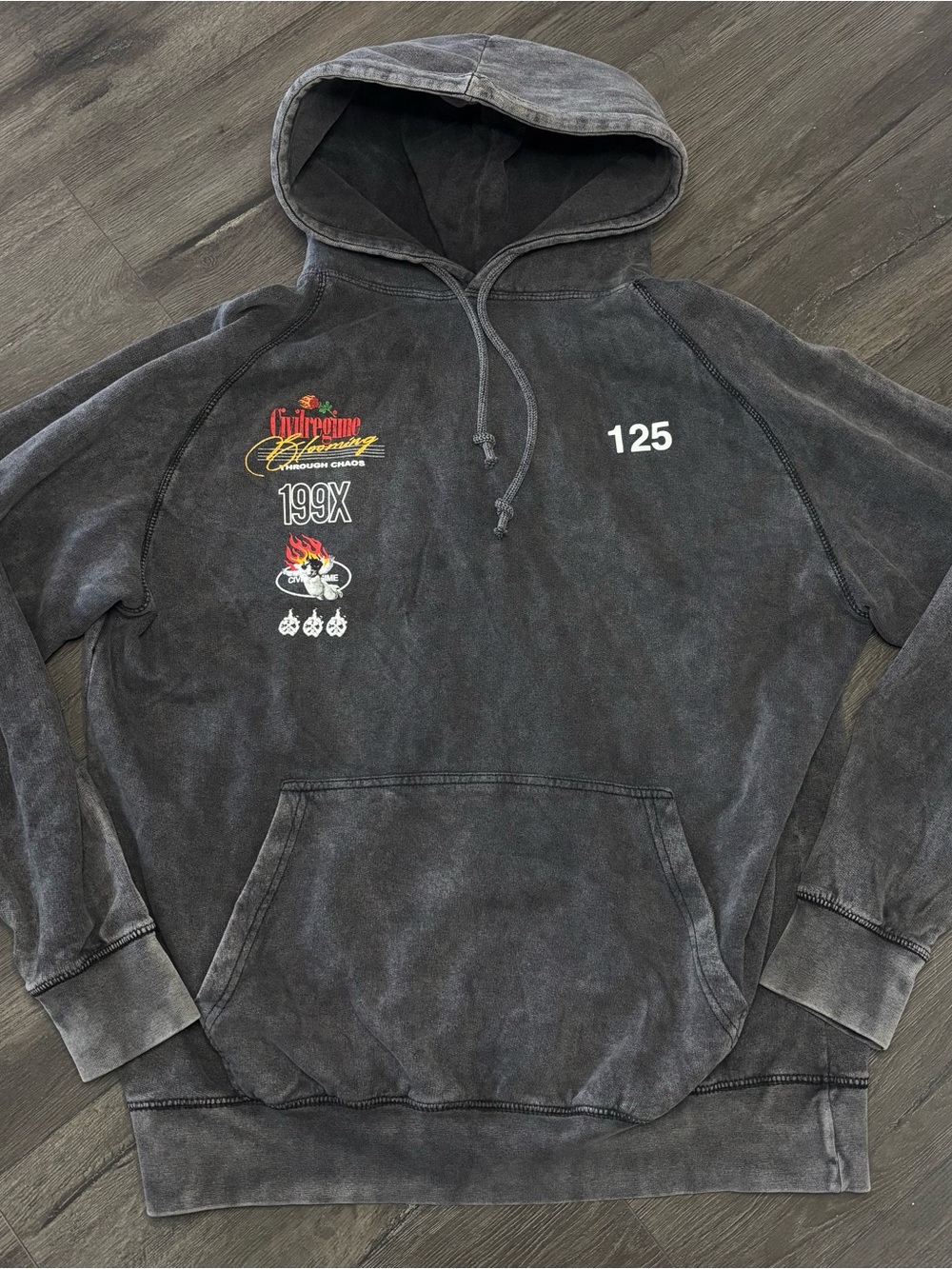 Civil Regime Blooming Through Chaos Hoodie Mens L Slim Washed Black